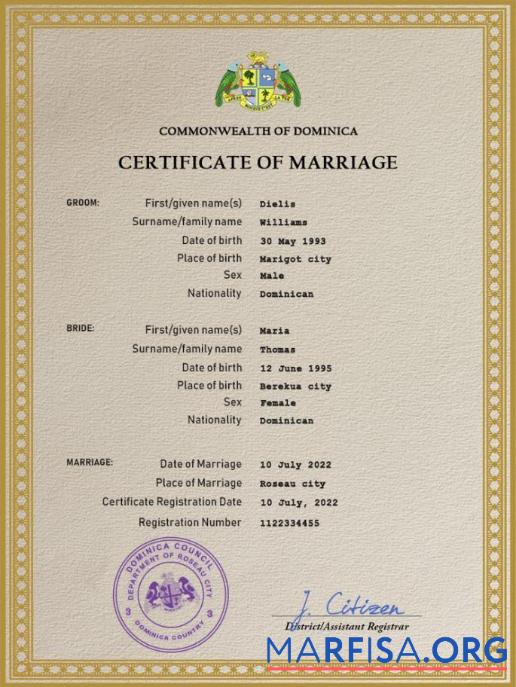 Blank Dominica marriage certificate PSD template